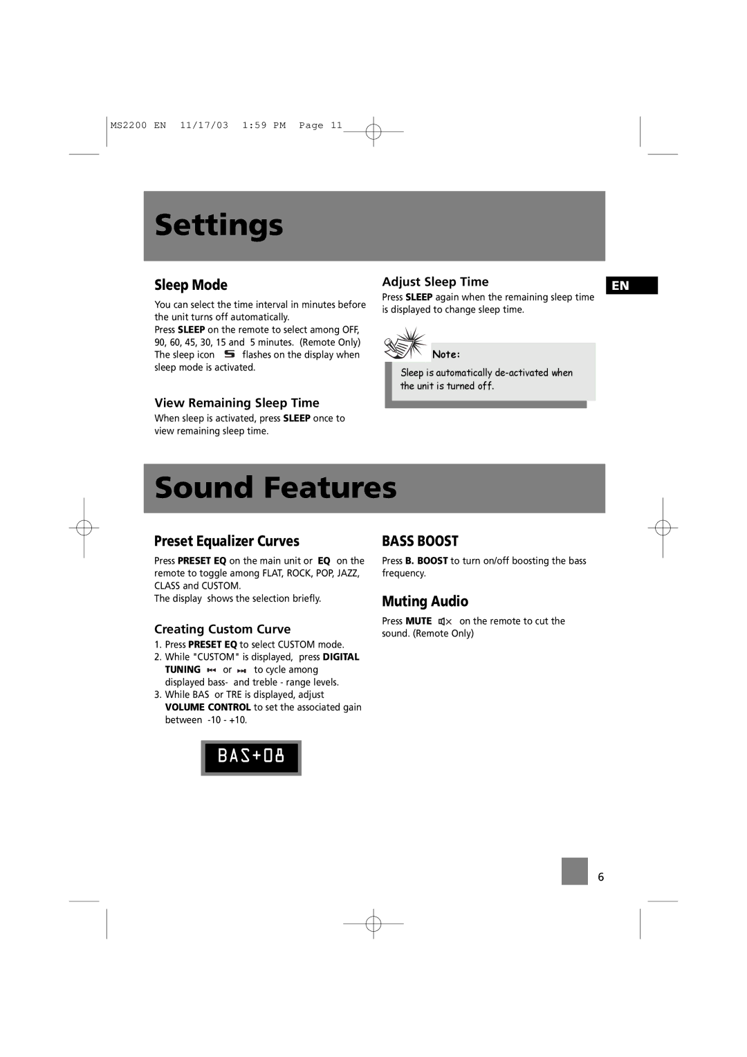 Technicolor - Thomson MS2200 manual Sound Features, Sleep Mode, Preset Equalizer Curves, Muting Audio 