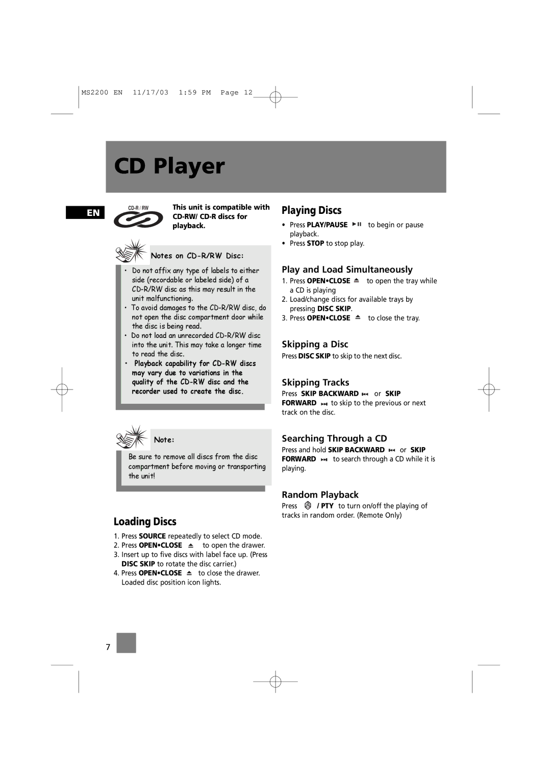 Technicolor - Thomson MS2200 manual CD Player, Loading Discs, Playing Discs 