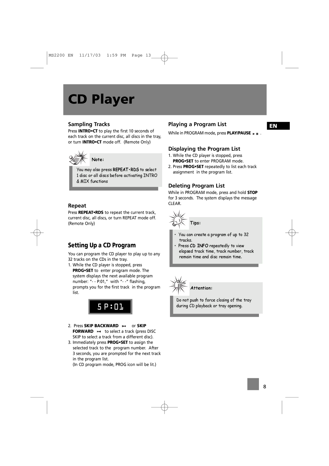 Technicolor - Thomson MS2200 manual Setting Up a CD Program 