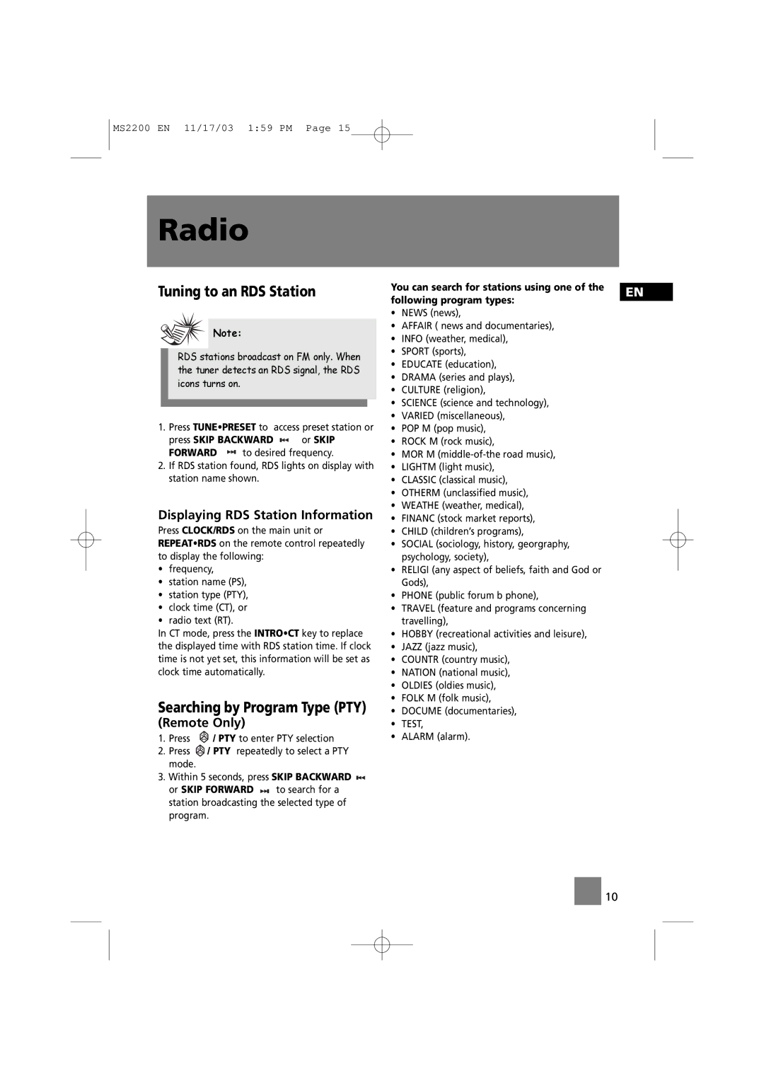 Technicolor - Thomson MS2200 manual Tuning to an RDS Station, Displaying RDS Station Information, Remote Only 