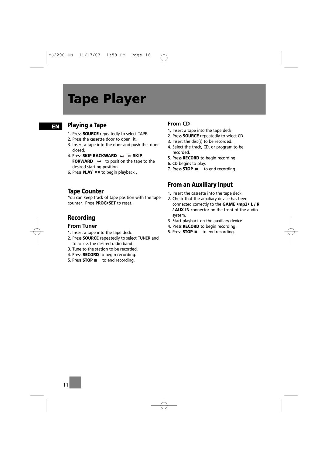 Technicolor - Thomson MS2200 manual Tape Player, EN Playing a Tape, Tape Counter, Recording, From an Auxiliary Input 