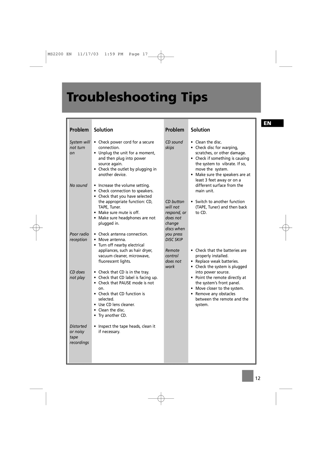 Technicolor - Thomson MS2200 manual Troubleshooting Tips, Problem Solution 