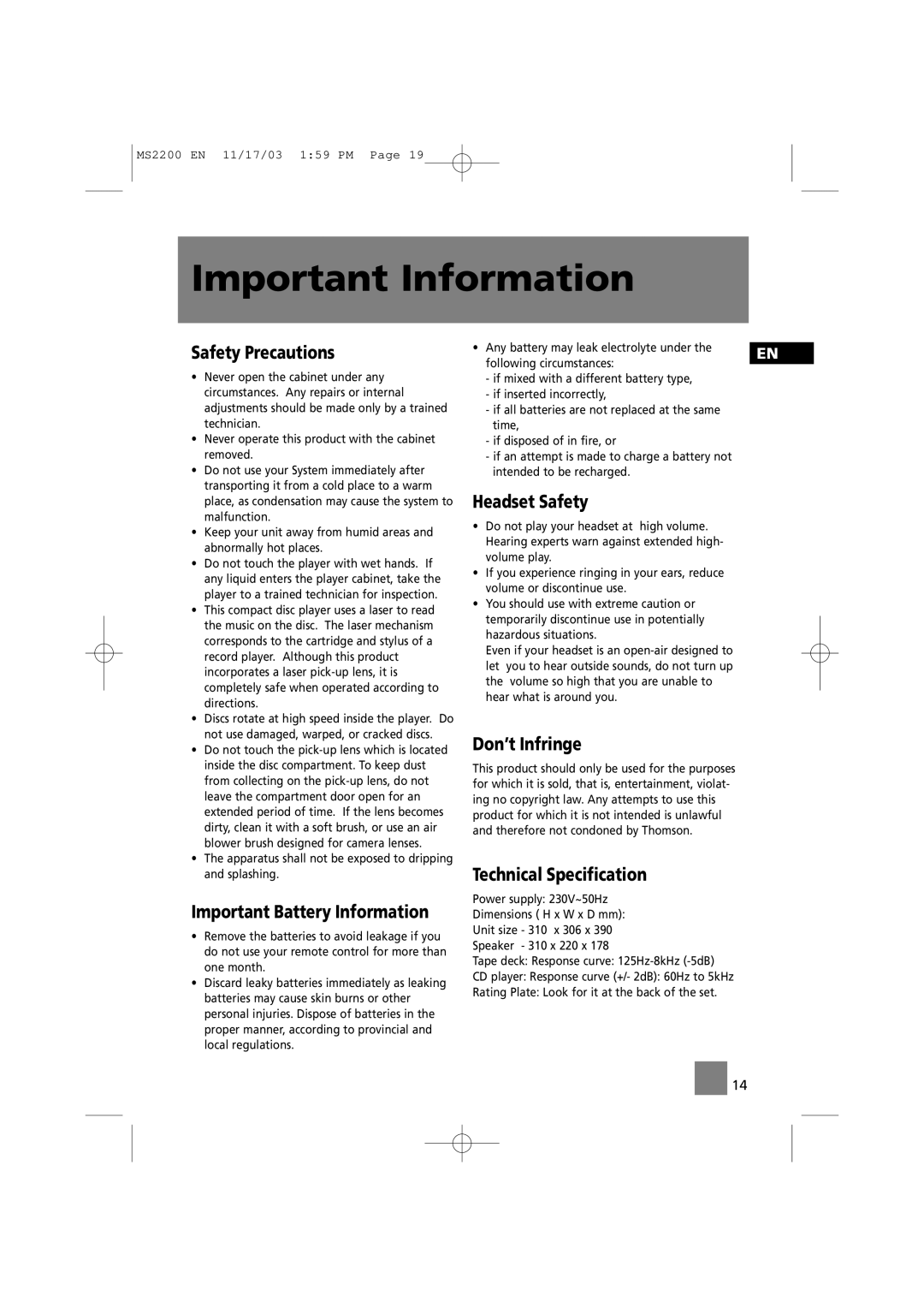 Technicolor - Thomson MS2200 manual Important Information 