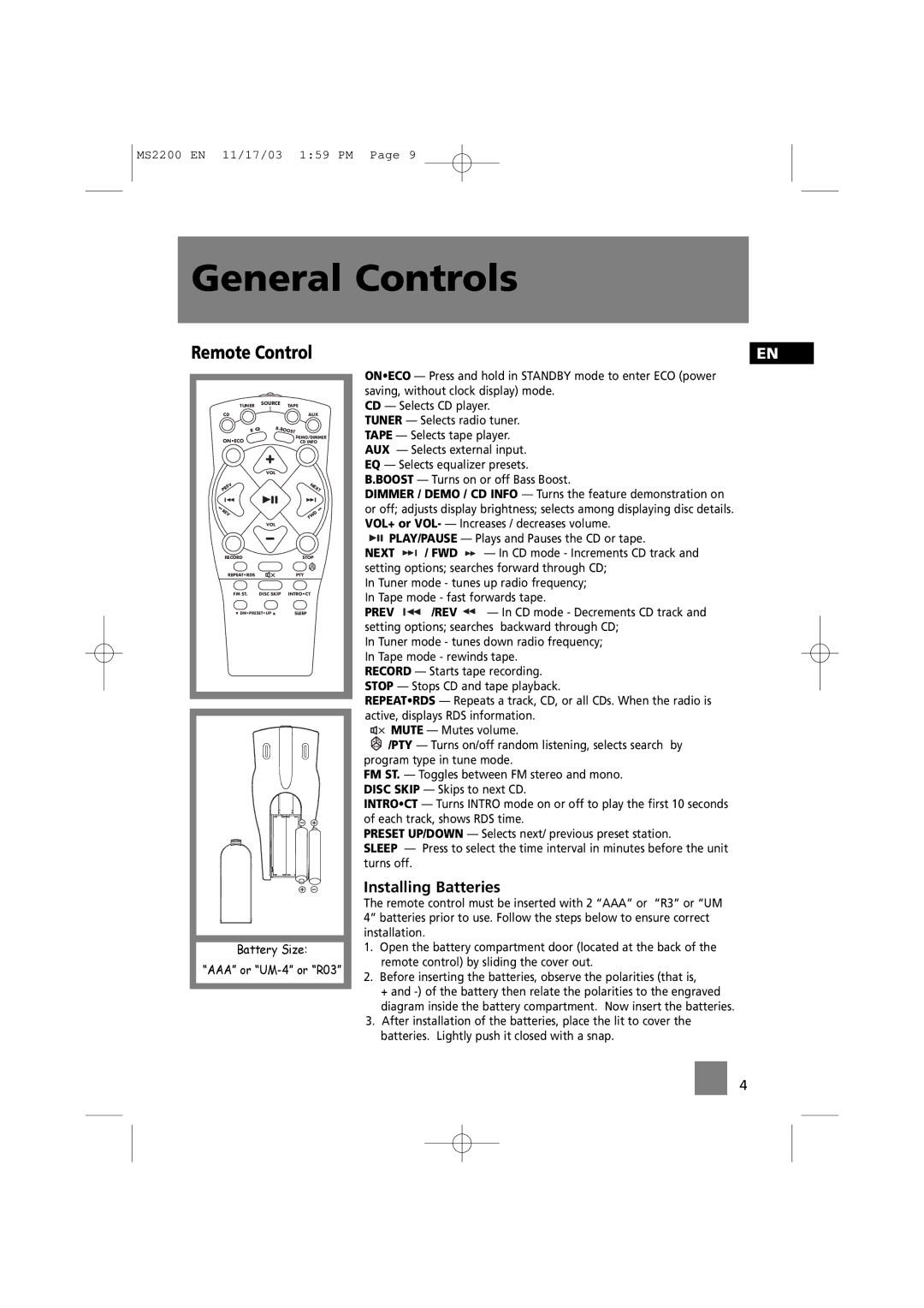 Technicolor - Thomson MS2200 manual Remote Control, Installing Batteries, Setting options searches forward through CD 