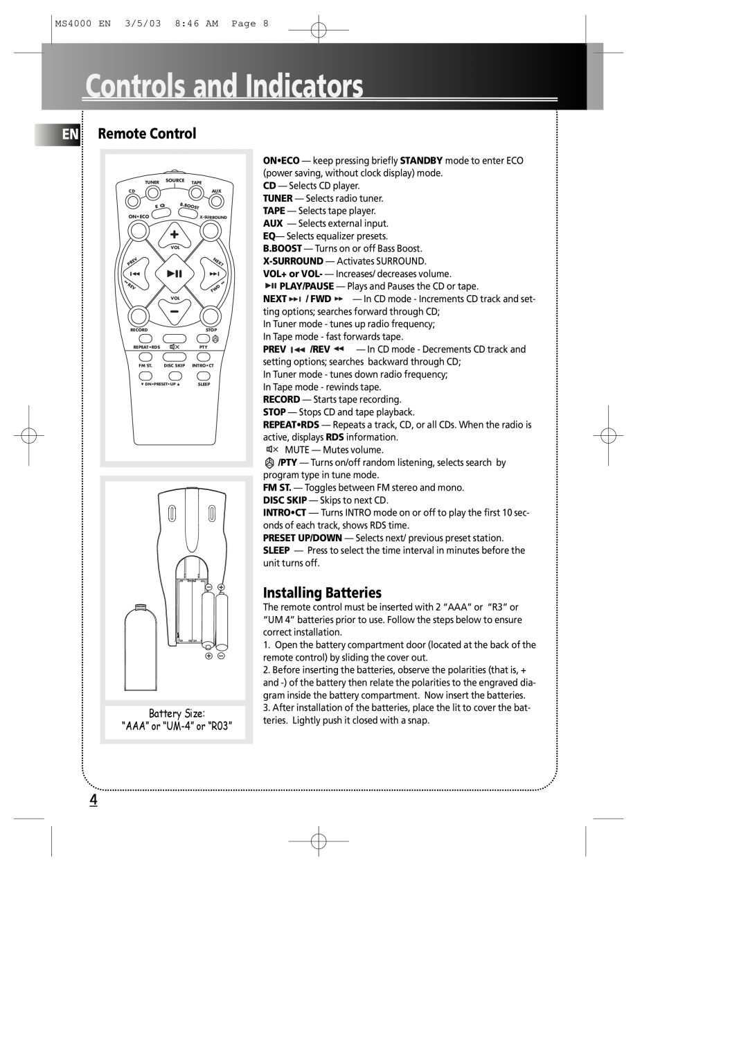 Technicolor - Thomson MS4000 manual EN Remote Control, Installing Batteries, Controls and Indicators, Next, Prev 