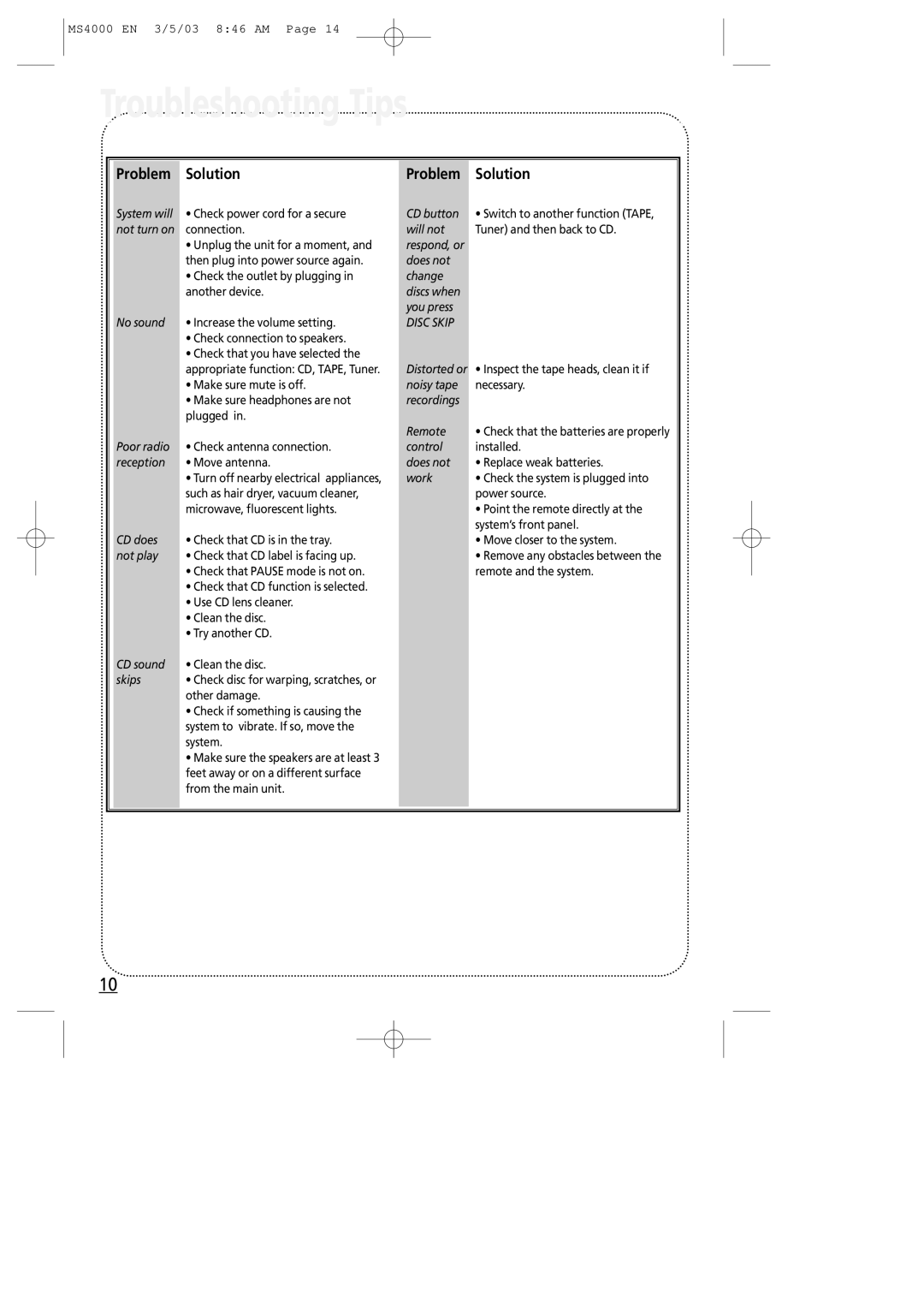 Technicolor - Thomson MS4000 manual Troubleshooting Tips, Problem Solution 