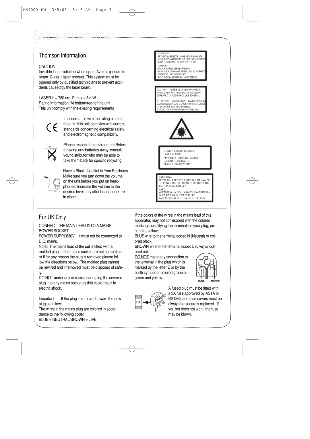 Technicolor - Thomson MS4000 manual Safety Information, EN Thomson Information, For UK Only, Laser λ = 780 nm, P max = 5 mW 