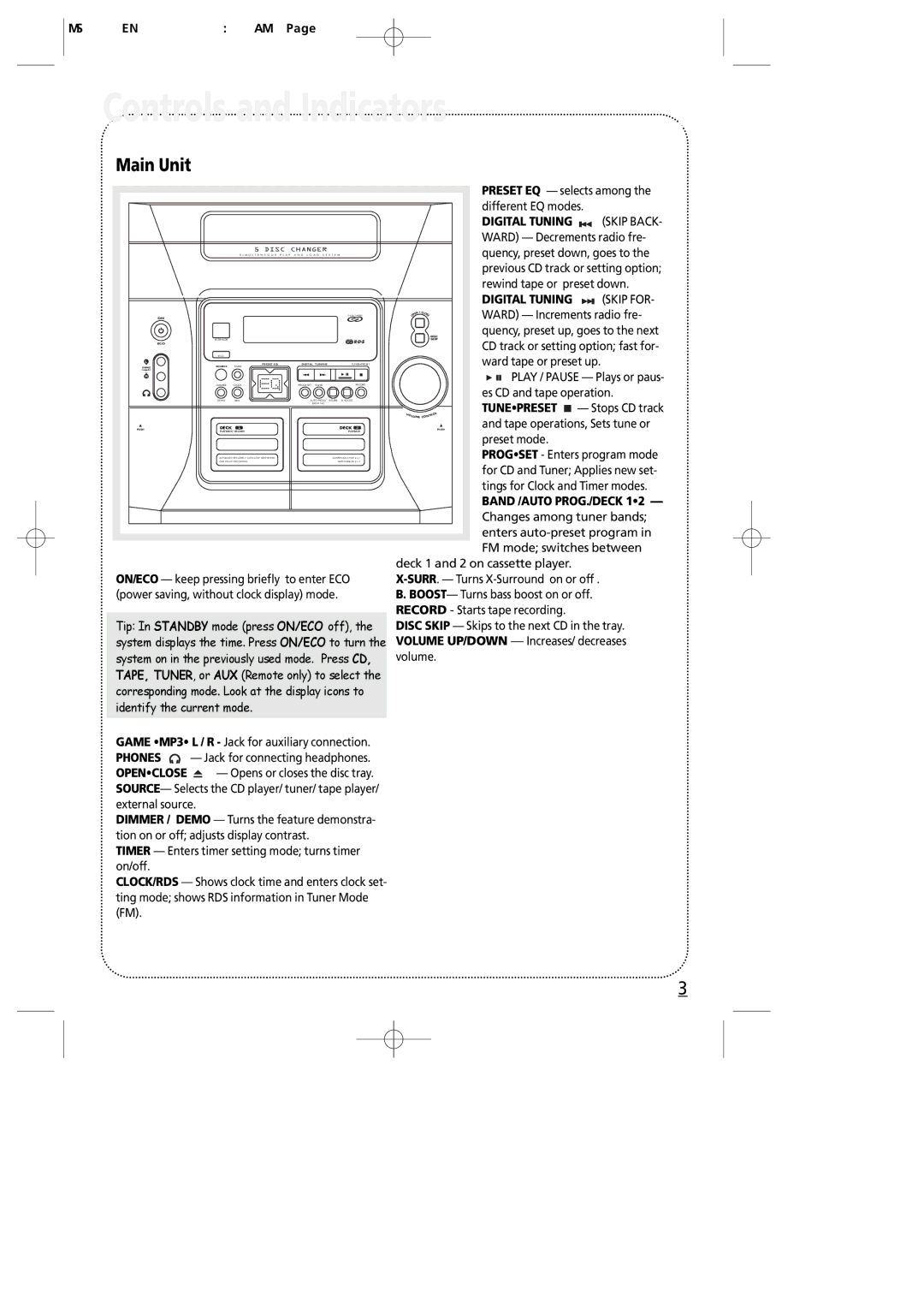 Technicolor - Thomson MS4000 manual Controls and Indicators, Main Unit, Preset mode 