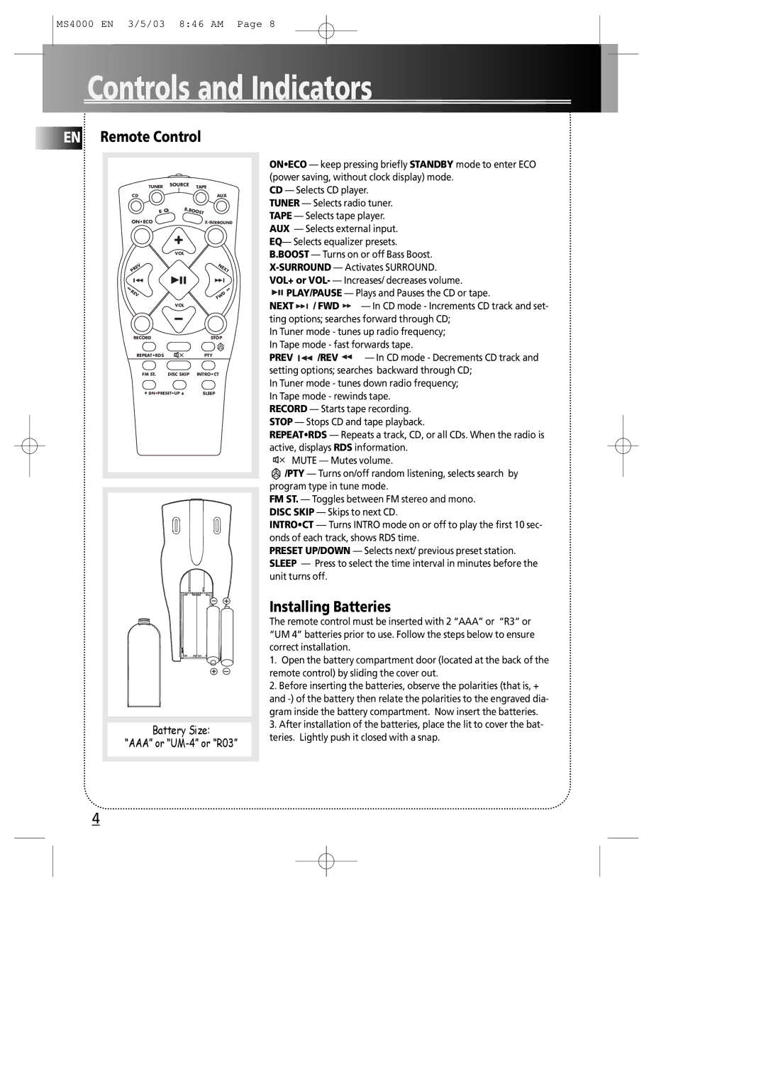 Technicolor - Thomson MS4000 manual EN Remote Control, Installing Batteries 