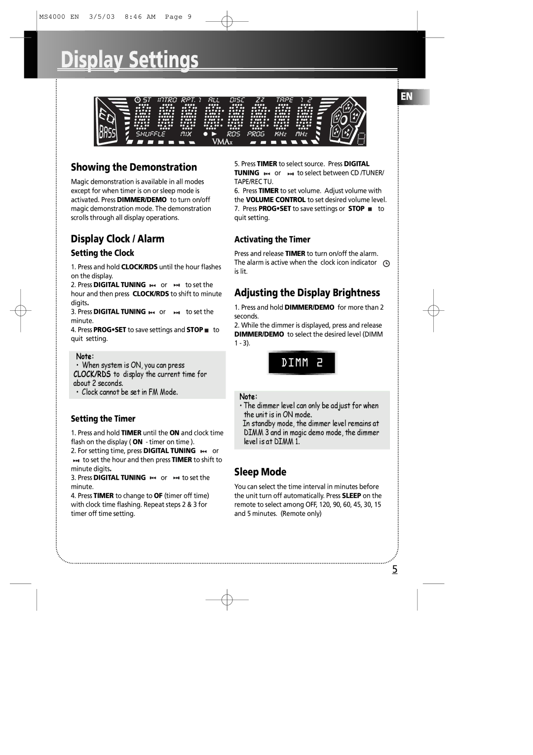 Technicolor - Thomson MS4000 manual Display Settings, Showing the Demonstration, Display Clock / Alarm, Sleep Mode 