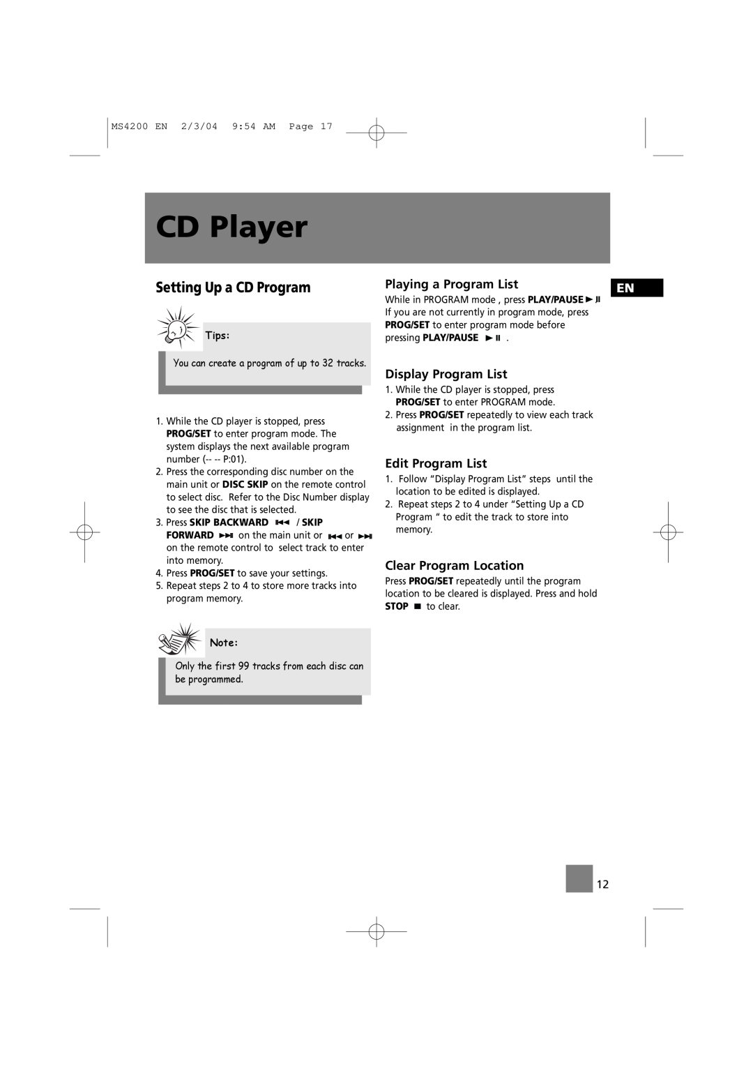 Technicolor - Thomson MS4200 manual Setting Up a CD Program, CD Player, Playing a Program List, Display Program List, Tips 