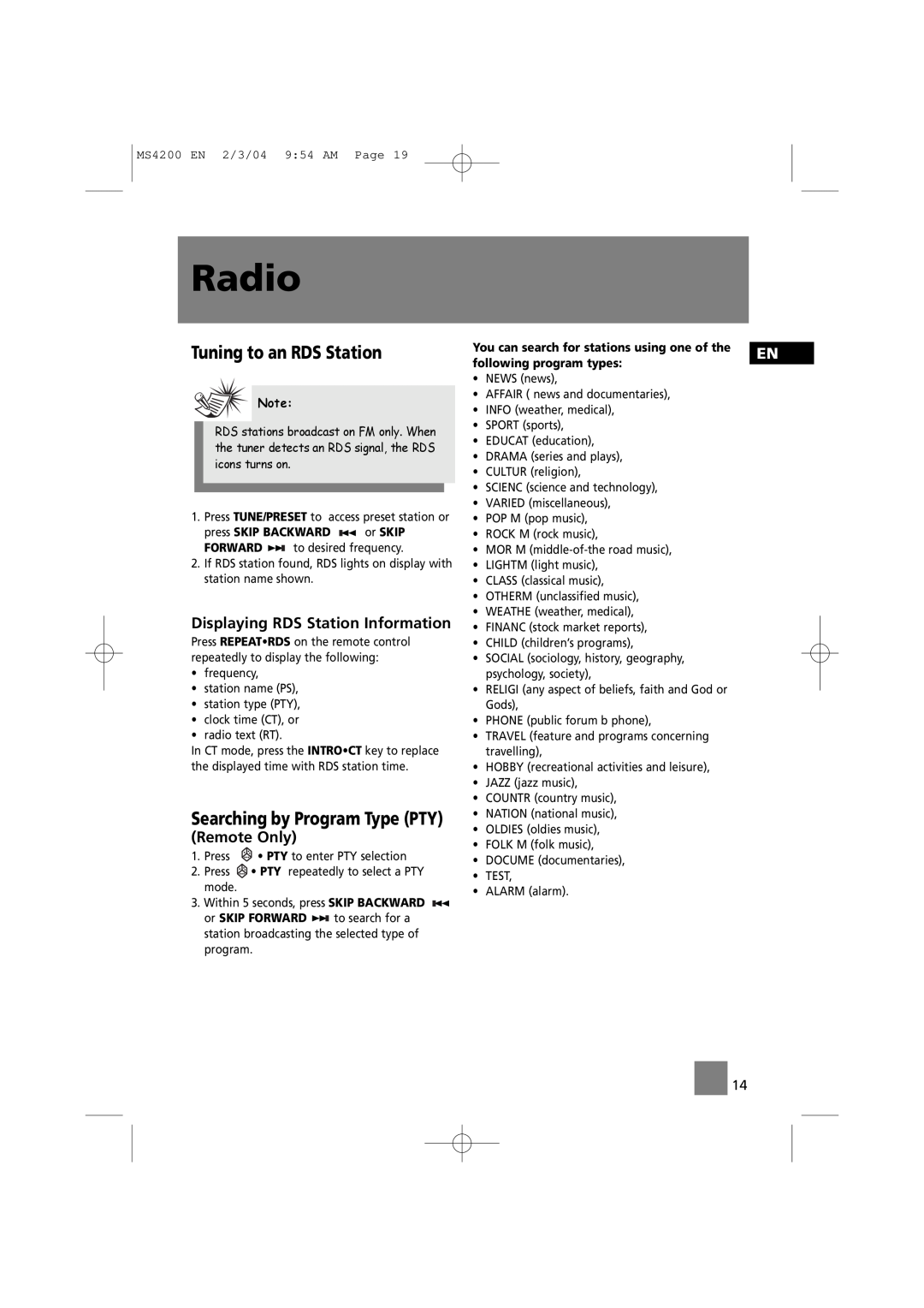 Technicolor - Thomson MS4200 manual Tuning to an RDS Station, Searching by Program Type PTY, Radio 