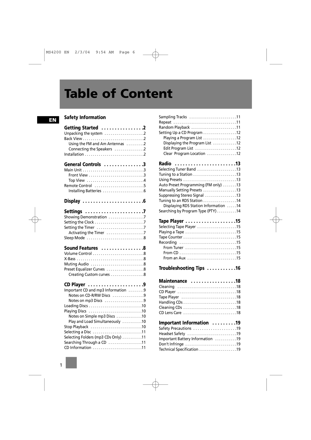 Technicolor - Thomson MS4200 manual Table of Content 