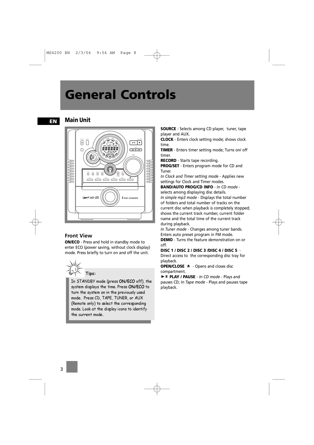 Technicolor - Thomson MS4200 manual General Controls, EN Main Unit, Tips 