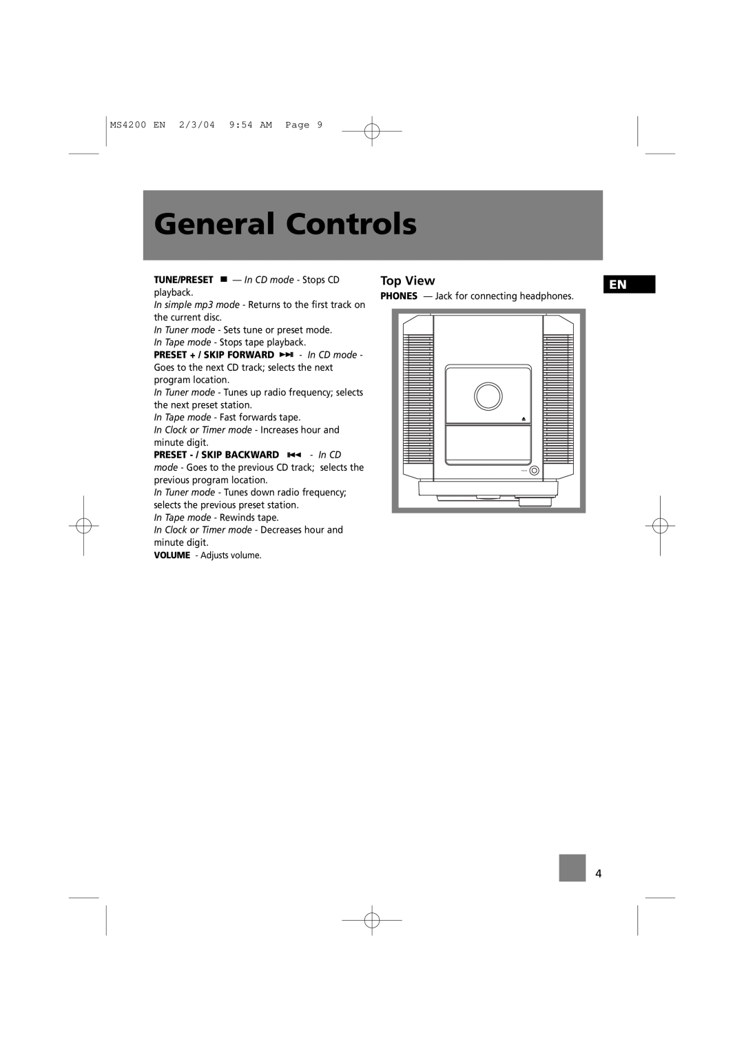 Technicolor - Thomson MS4200 manual General Controls, Top View 