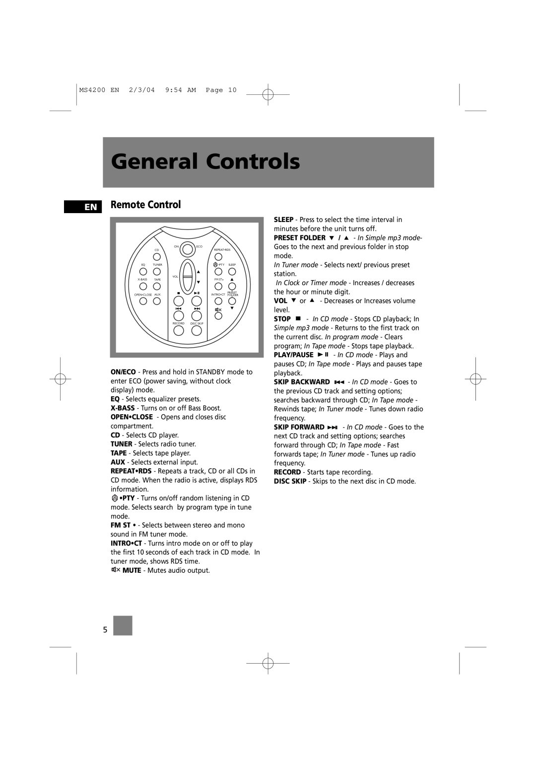 Technicolor - Thomson MS4200 manual EN Remote Control, General Controls 