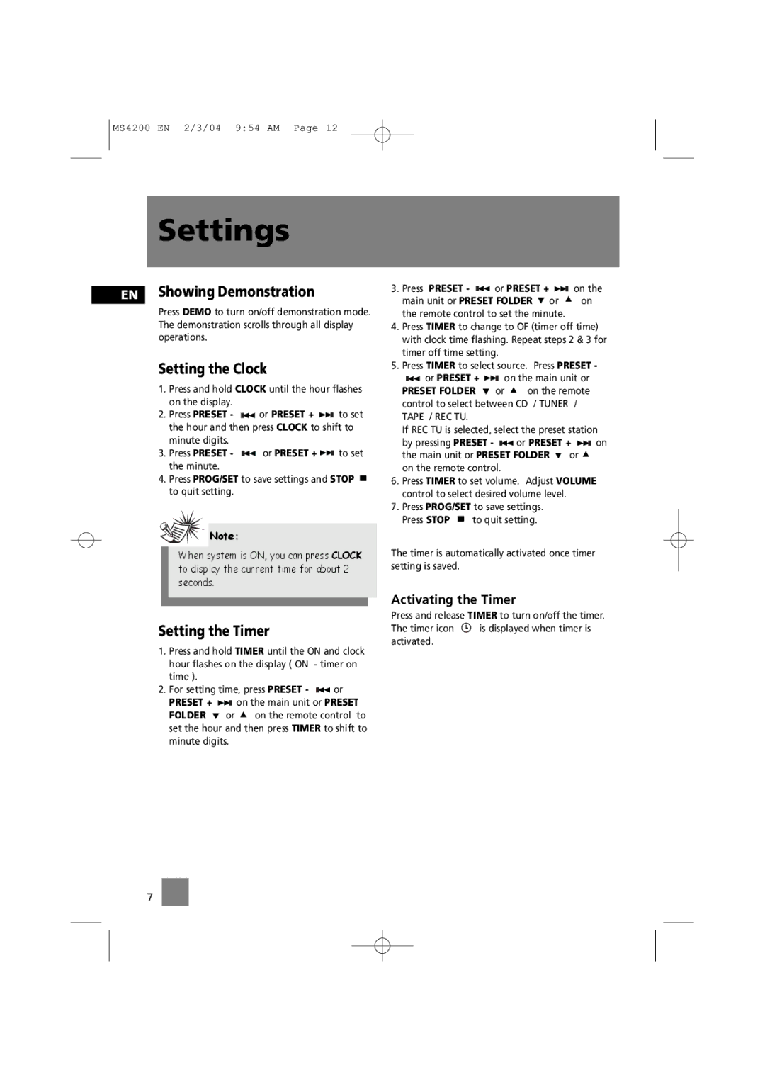 Technicolor - Thomson MS4200 manual Settings, EN Showing Demonstration, Setting the Clock, Setting the Timer 