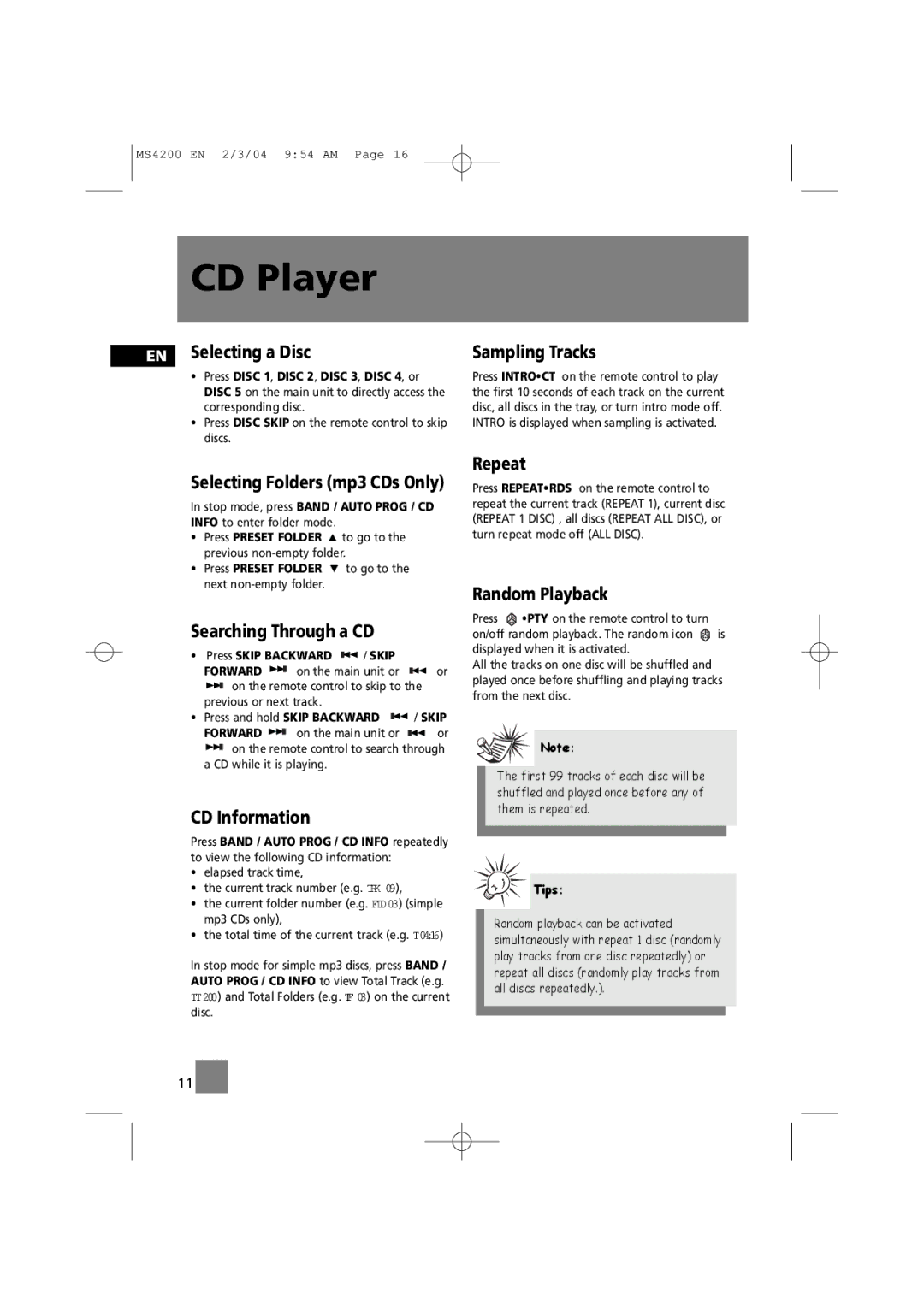 Technicolor - Thomson MS4200 manual EN Selecting a Disc, Searching Through a CD, CD Information, Sampling Tracks, Repeat 