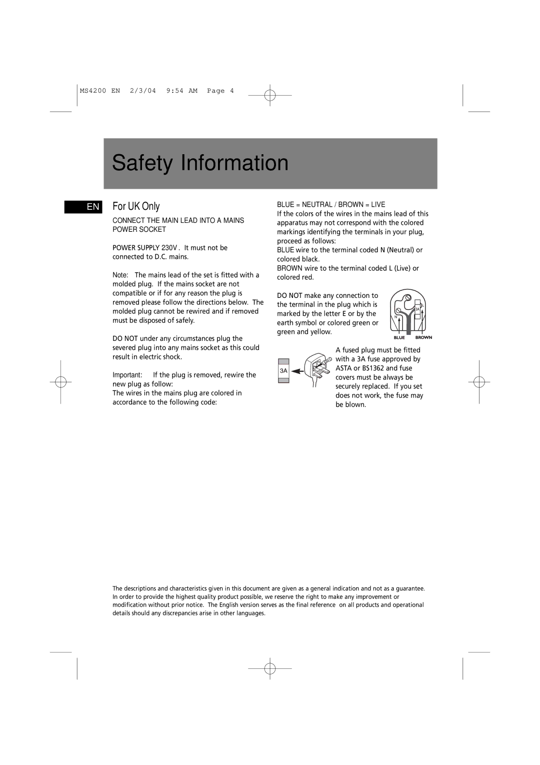 Technicolor - Thomson MS4200 manual Safety Information, EN For UK Only 