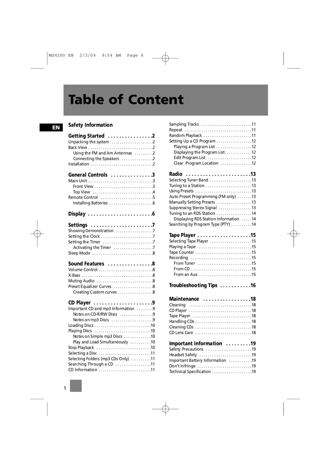 Technicolor - Thomson MS4200 manual Table of Content 