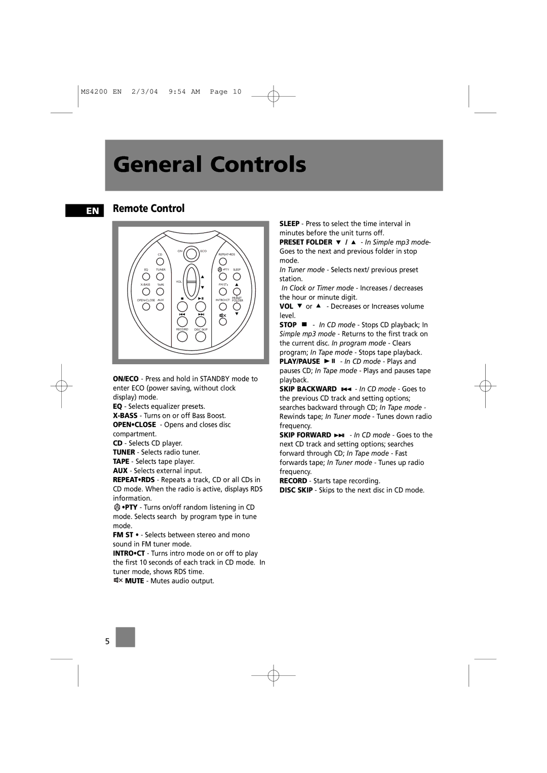 Technicolor - Thomson MS4200 manual EN Remote Control, Tuner mode Selects next/ previous preset station 