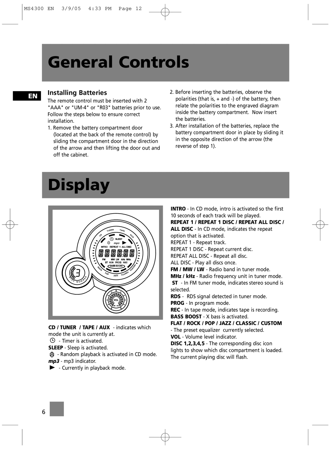 Technicolor - Thomson MS4300 manual Display, Installing Batteries 