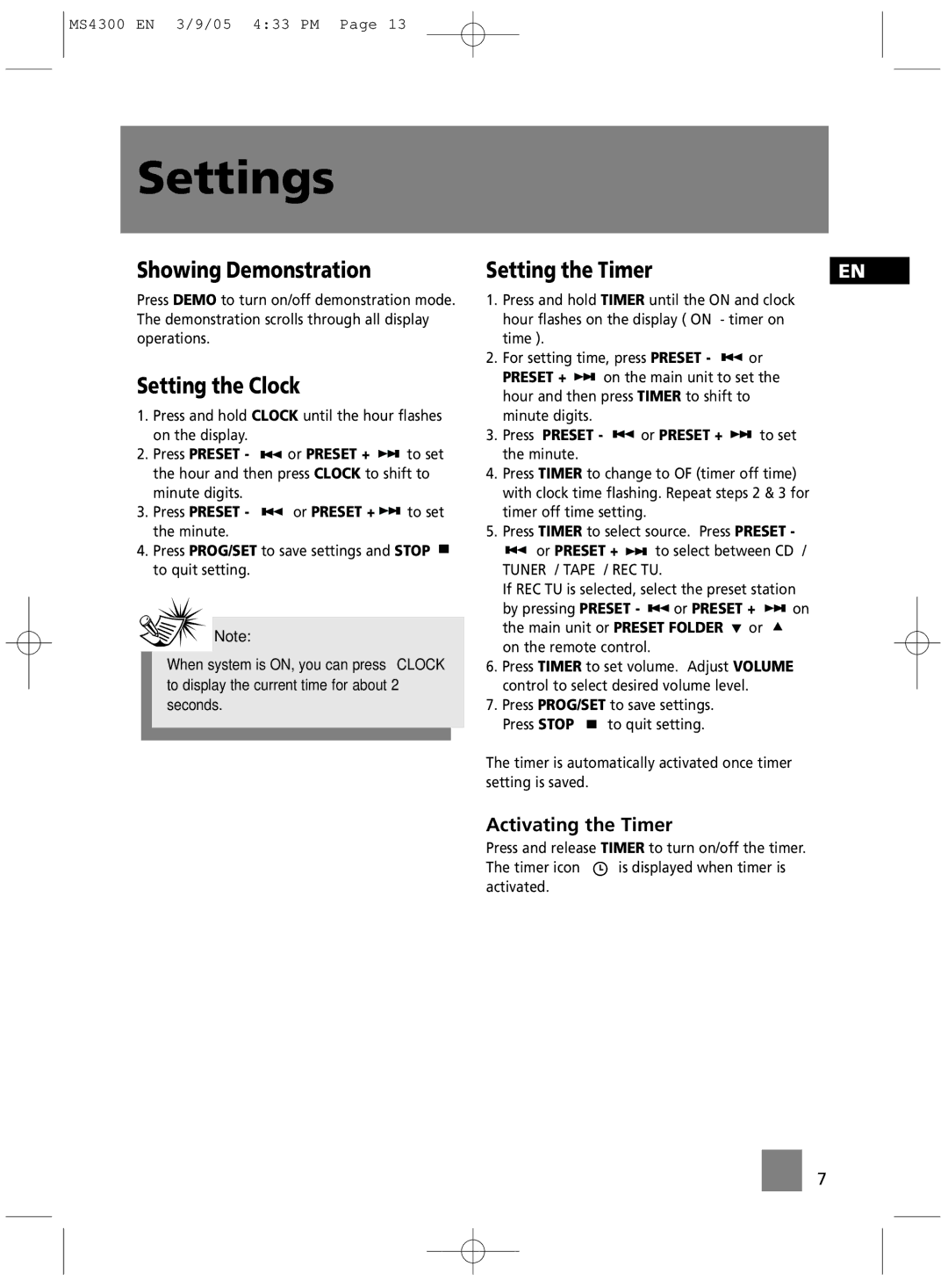 Technicolor - Thomson MS4300 manual Settings, Showing Demonstration, Setting the Clock, Activating the Timer 