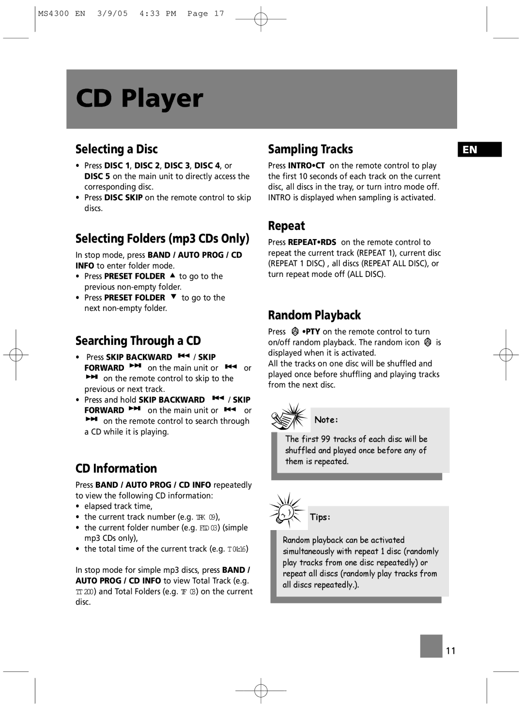 Technicolor - Thomson MS4300 manual Selecting a Disc, Searching Through a CD, CD Information, Repeat, Random Playback 