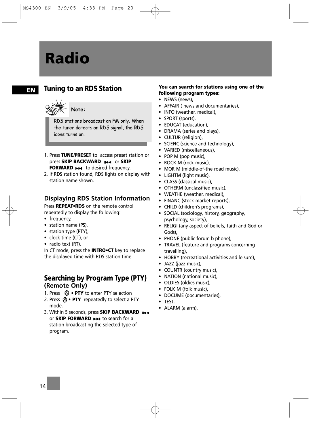 Technicolor - Thomson MS4300 manual EN Tuning to an RDS Station, Displaying RDS Station Information, Remote Only 