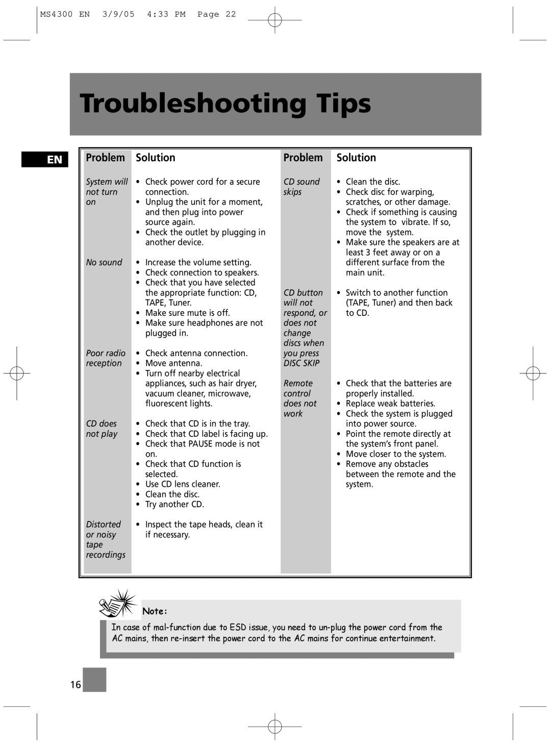 Technicolor - Thomson MS4300 manual Troubleshooting Tips, Problem Solution 