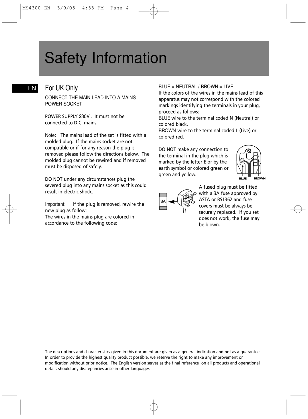 Technicolor - Thomson MS4300 manual Safety Information, EN For UK Only 