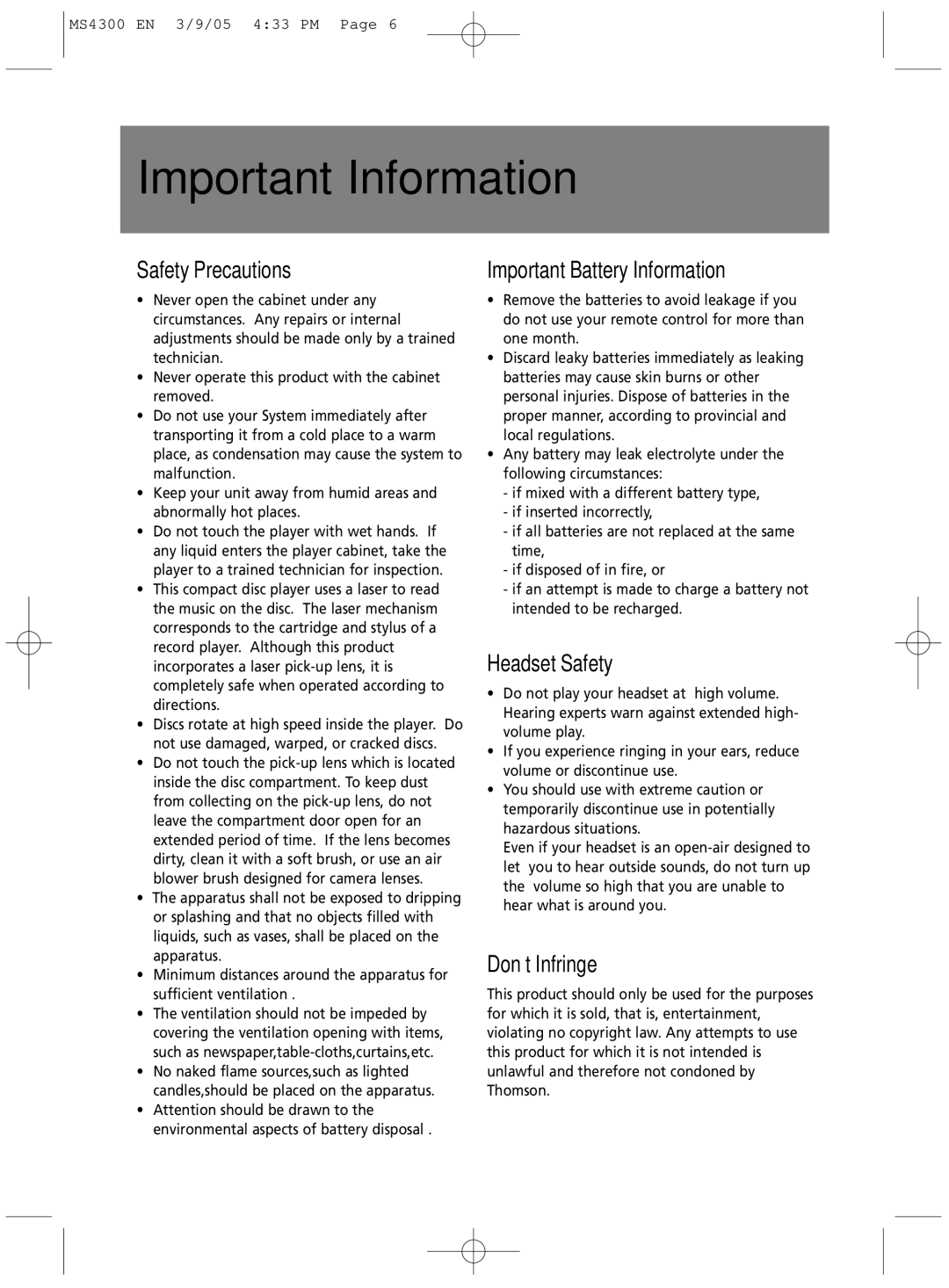 Technicolor - Thomson MS4300 Important Information, Safety Precautions, Important Battery Information, Headset Safety 