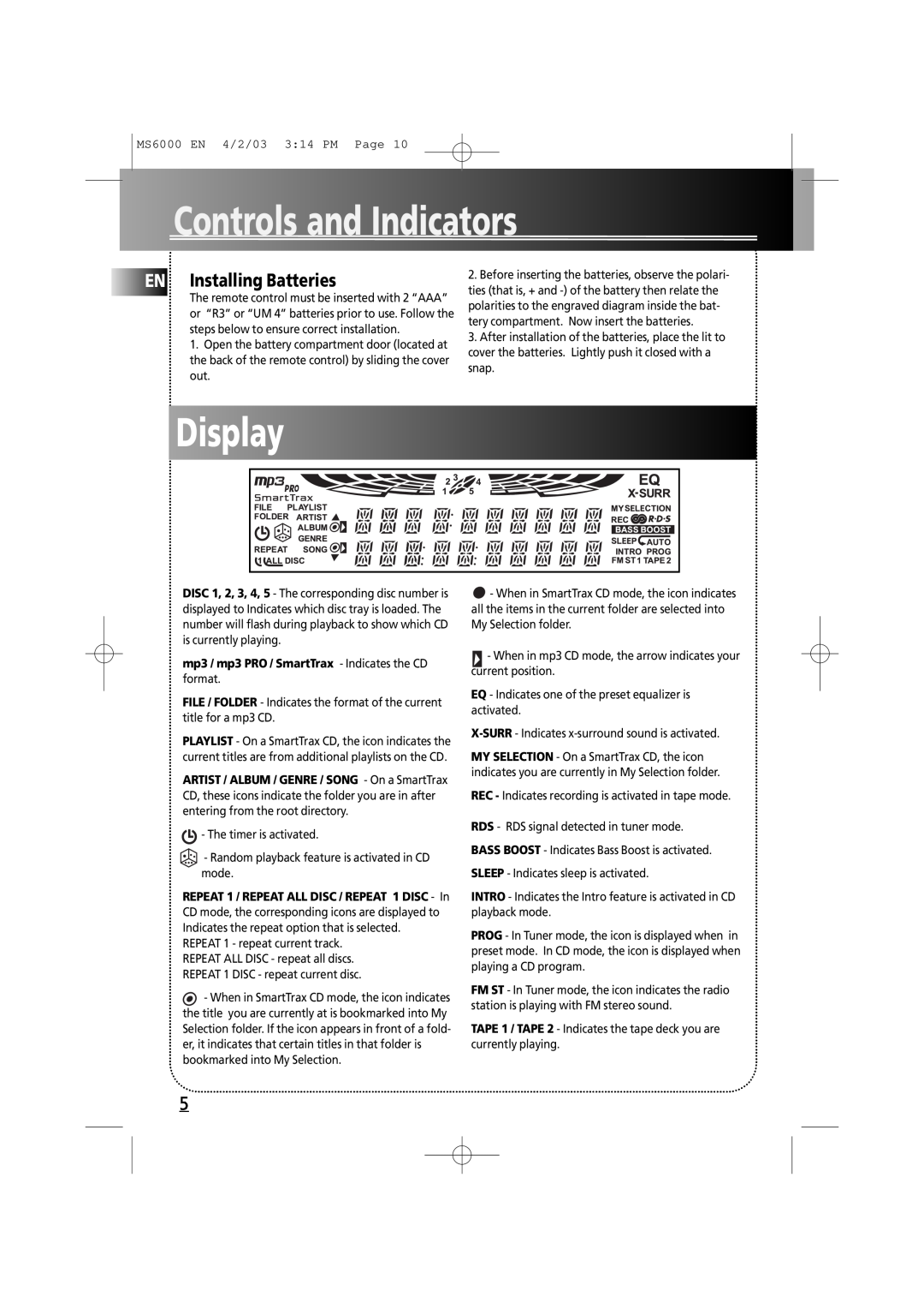 Technicolor - Thomson MS6000 manual Display, Installing Batteries, Controls and Indicators 