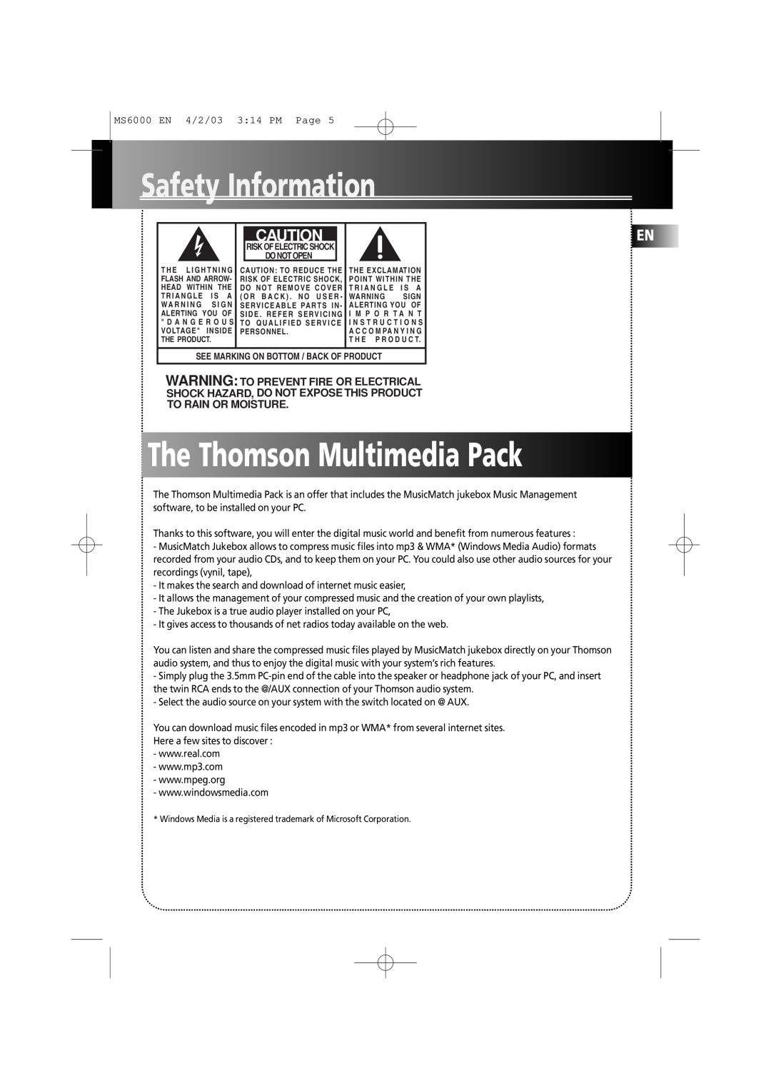 Technicolor - Thomson MS6000 manual The Thomson Multimedia Pack, Safety Information, Warning To Prevent Fire Or Electrical 