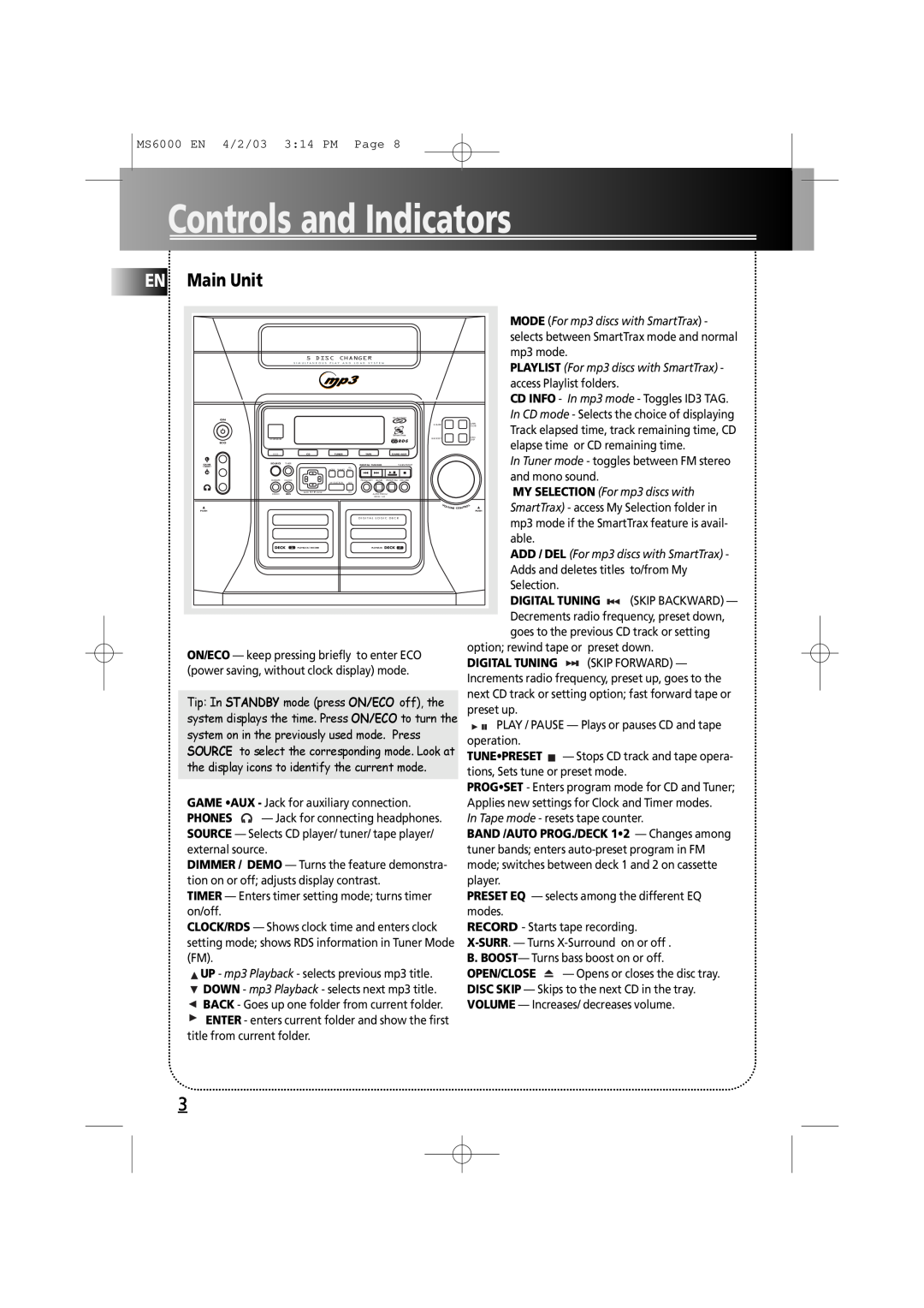 Technicolor - Thomson MS6000 manual Controls and Indicators, EN Main Unit 
