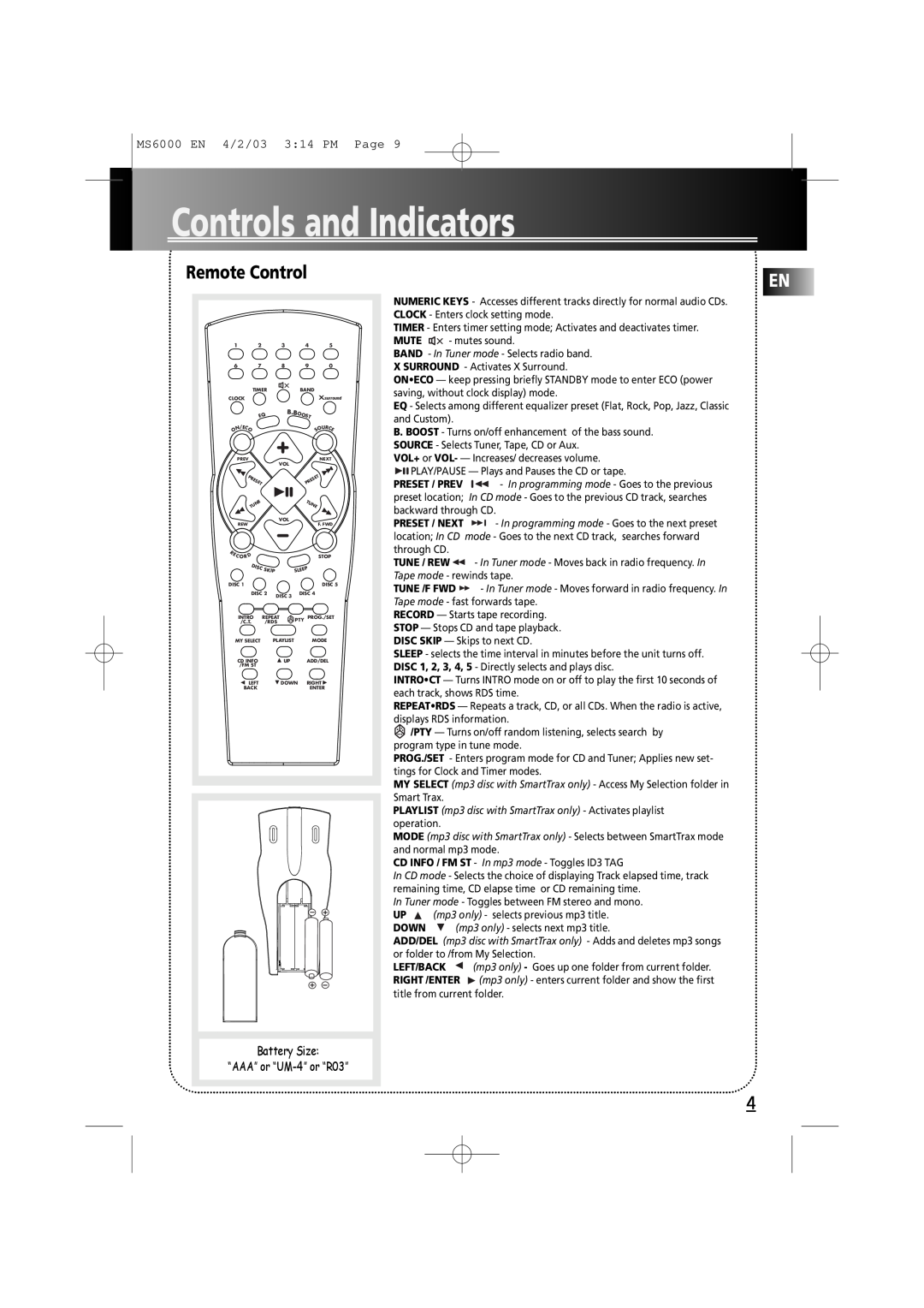 Technicolor - Thomson MS6000 Remote Control, Battery Size “AAA” or “UM-4”or “R03”, Controls and Indicators, Preset / Next 