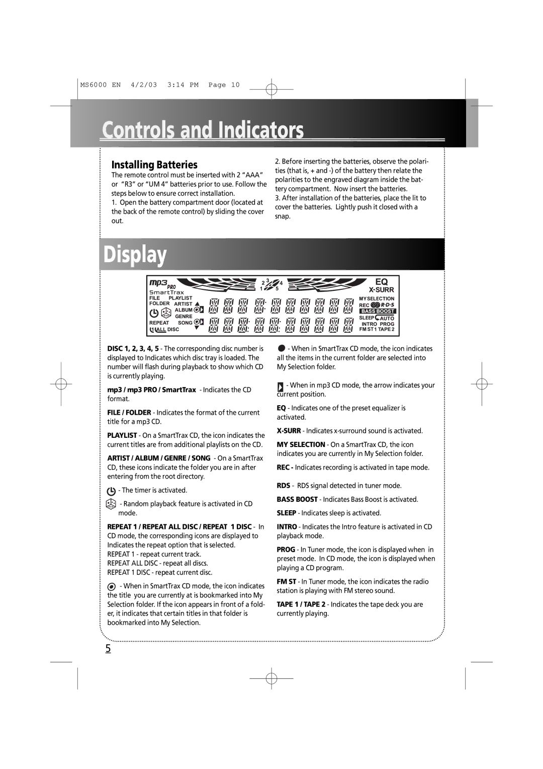 Technicolor - Thomson MS6000 manual Display, Installing Batteries, Mp3 / mp3 PRO / SmartTrax Indicates the CD format 