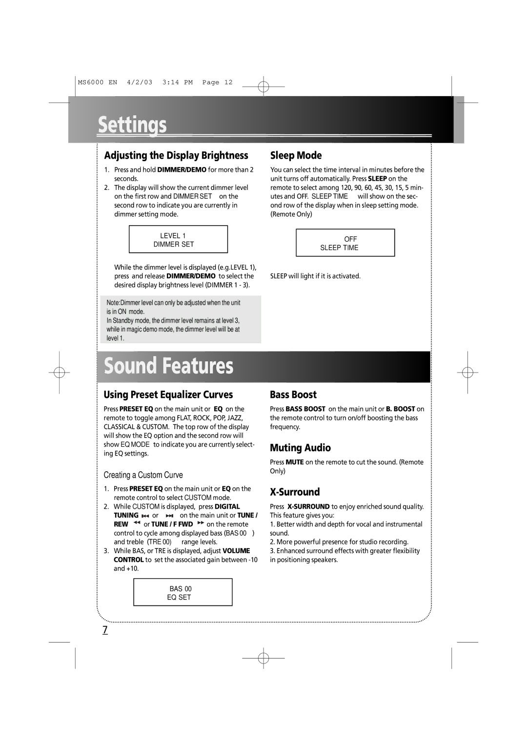 Technicolor - Thomson MS6000 EN Adjusting the Display Brightness, Sleep Mode, Using Preset Equalizer Curves, Bass Boost 