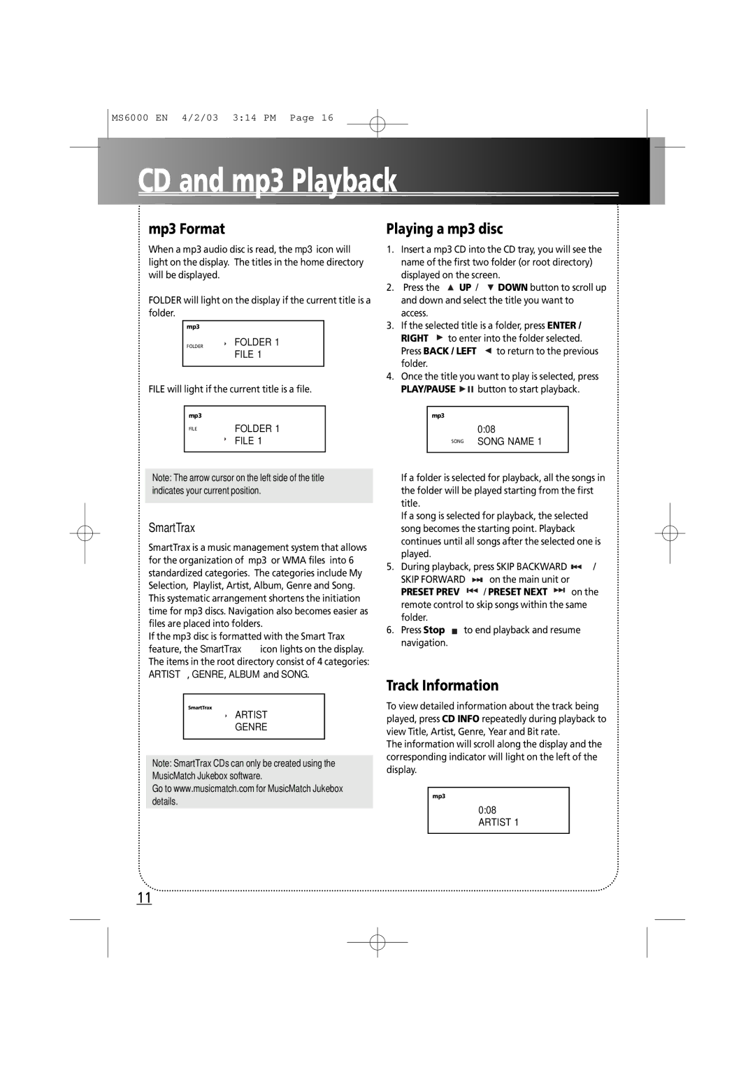 Technicolor - Thomson MS6000 manual EN mp3 Format, Playing a mp3 disc, Track Information, SmartTrax, Right 