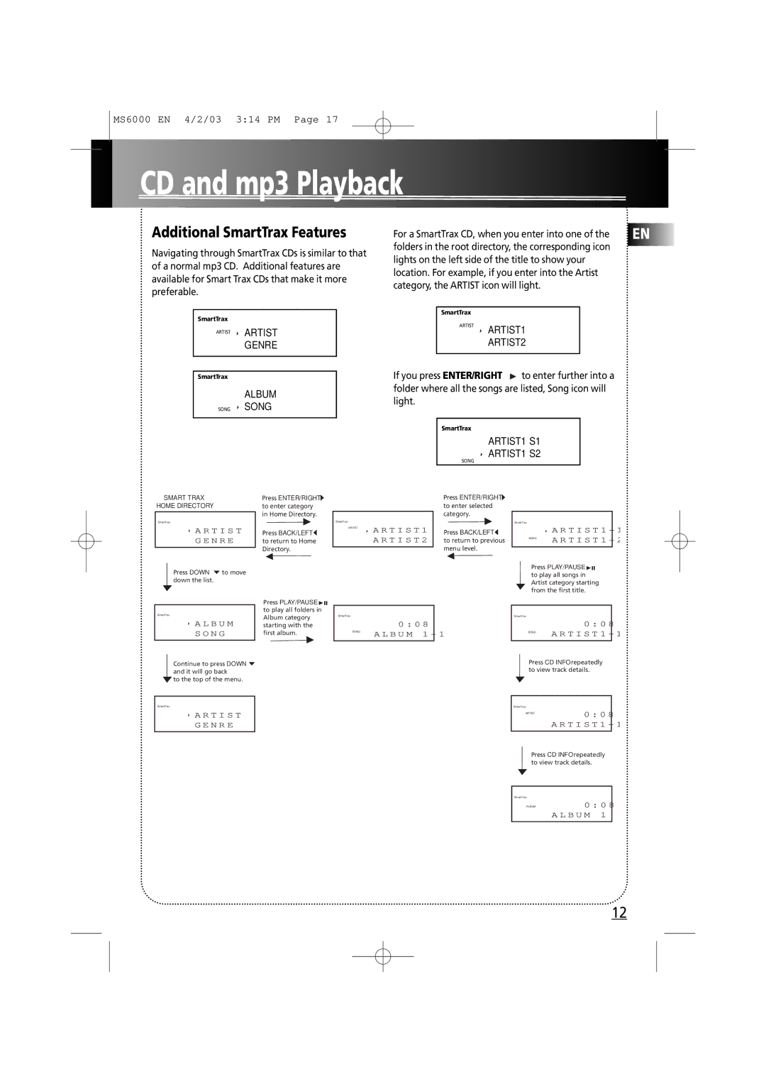 Technicolor - Thomson MS6000 manual Additional SmartTrax Features, Album, Artist ARTIST1 ARTIST2, ARTIST1 S1 ARTIST1 S2 