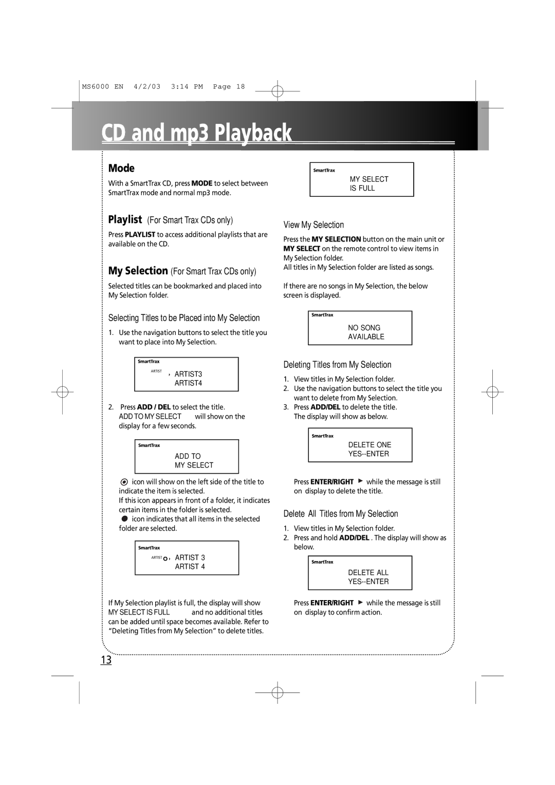 Technicolor - Thomson MS6000 manual EN Mode, Playlist For Smart Trax CDs only, View My Selection 