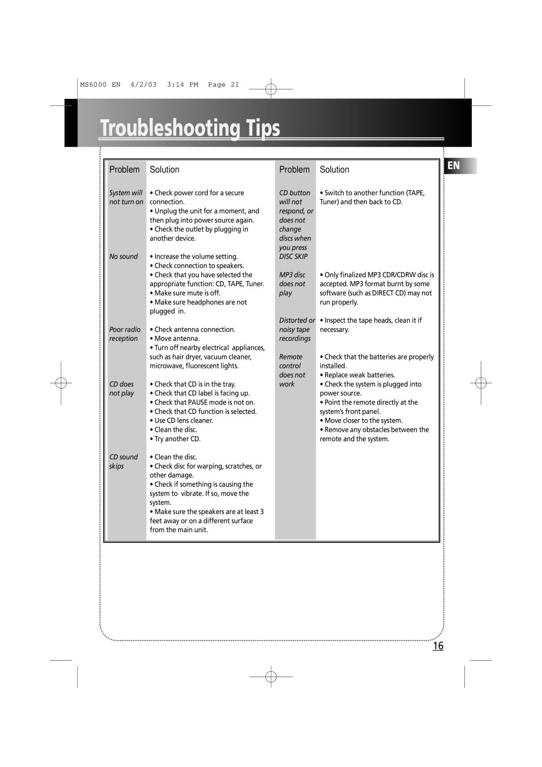 Technicolor - Thomson MS6000 manual Troubleshooting Tips, Problem Solution 