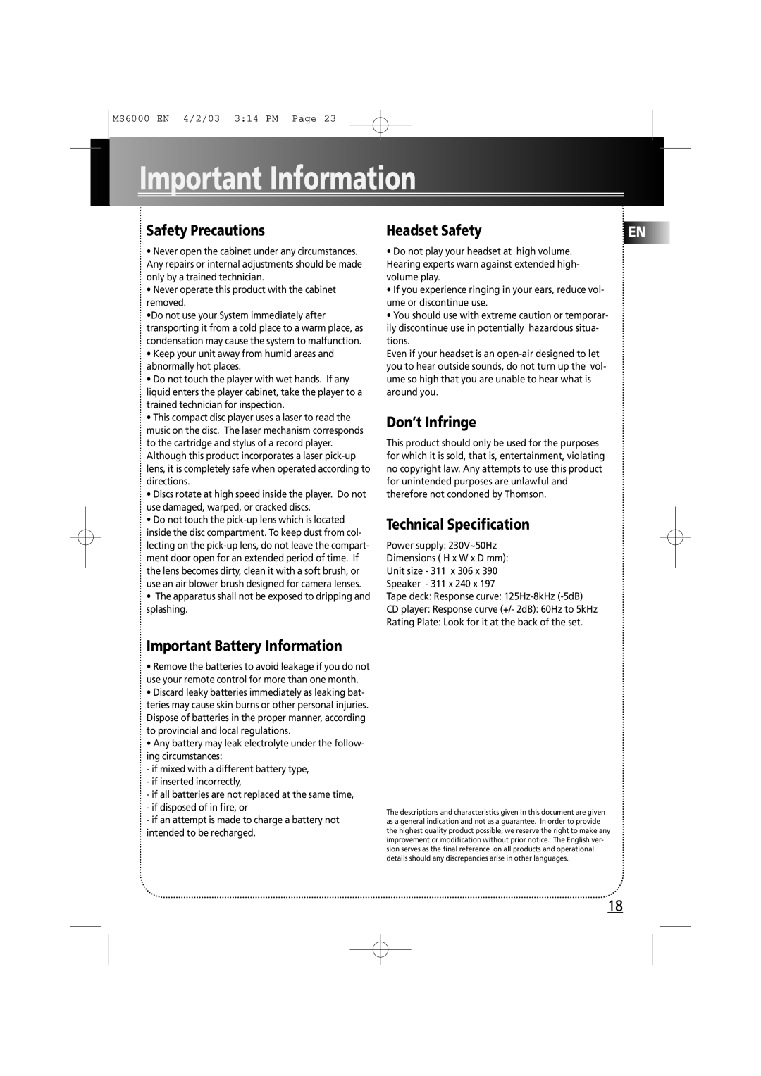 Technicolor - Thomson MS6000 Important Information, Safety Precautions, Important Battery Information, Don’t Infringe 