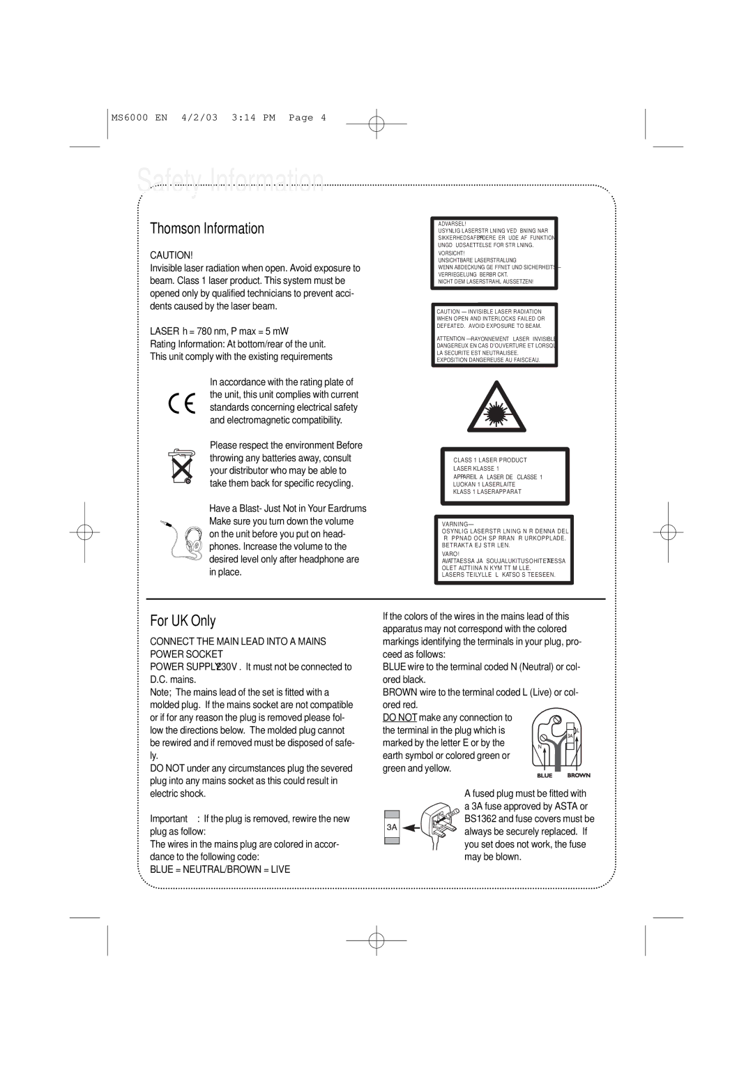 Technicolor - Thomson MS6000 manual Safety Information, EN Thomson Information, For UK Only, Blue = NEUTRAL/BROWN = Live 