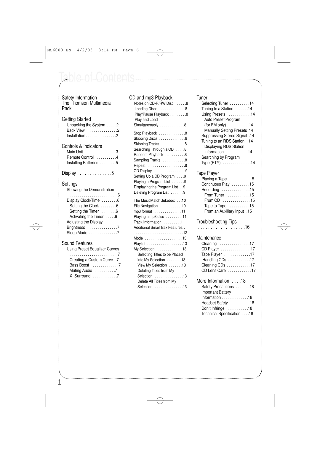 Technicolor - Thomson MS6000 manual Table of Contents 