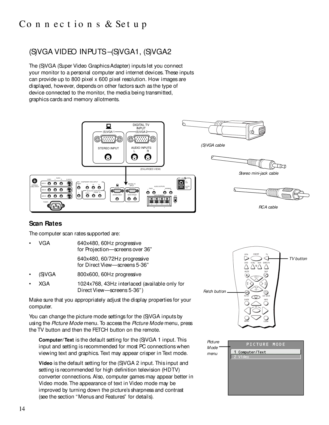 Technicolor - Thomson MULTIMEDIA MONITOR user manual Svga Video Inputs -SVGA1, SVGA2, Scan Rates, Svga cable, Fetch button 