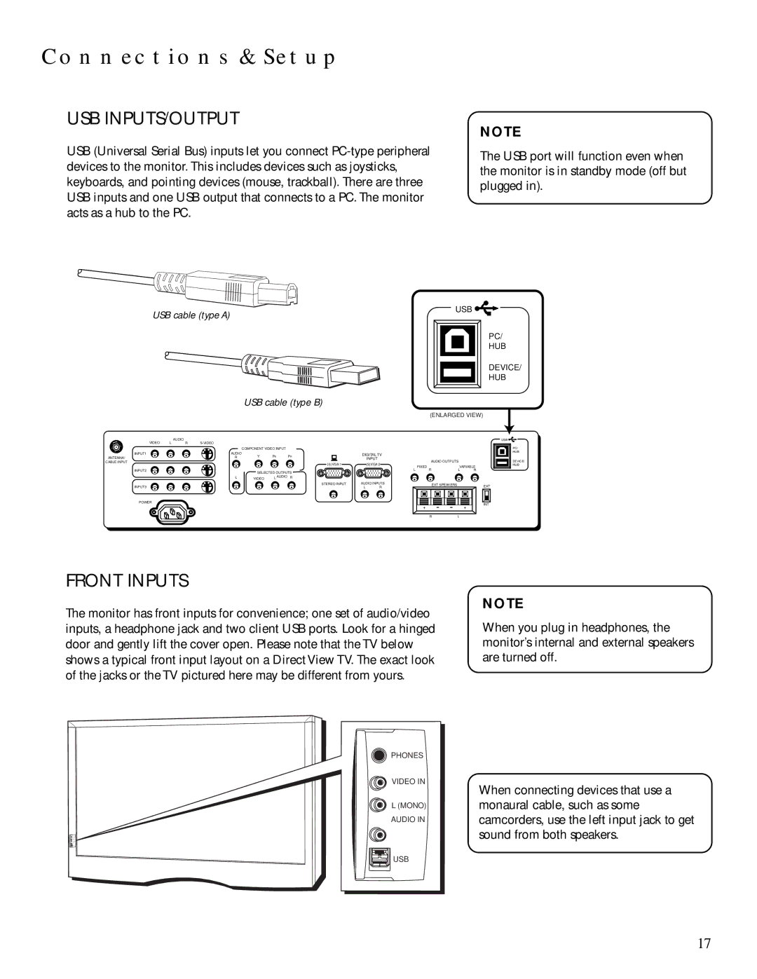 Technicolor - Thomson MULTIMEDIA MONITOR user manual Usb Inputs/Output, Front Inputs, USB cable type a, USB cable type B 