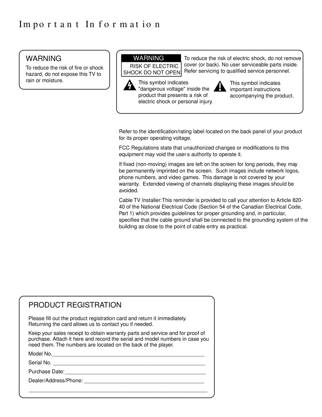 Technicolor - Thomson MULTIMEDIA MONITOR user manual Important Information, Product Registration 