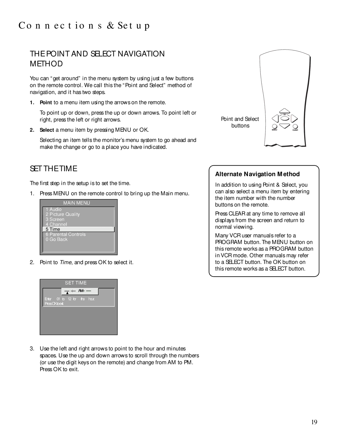 Technicolor - Thomson MULTIMEDIA MONITOR Point and Select Navigation Method, SET the Time, Alternate Navigation Method 