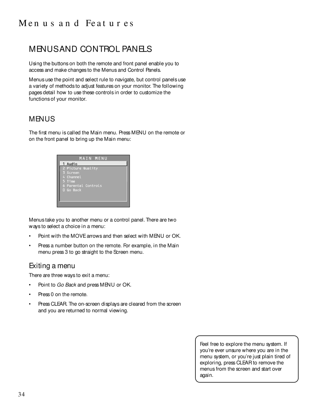 Technicolor - Thomson MULTIMEDIA MONITOR user manual Menus and Control Panels, Exiting a menu 